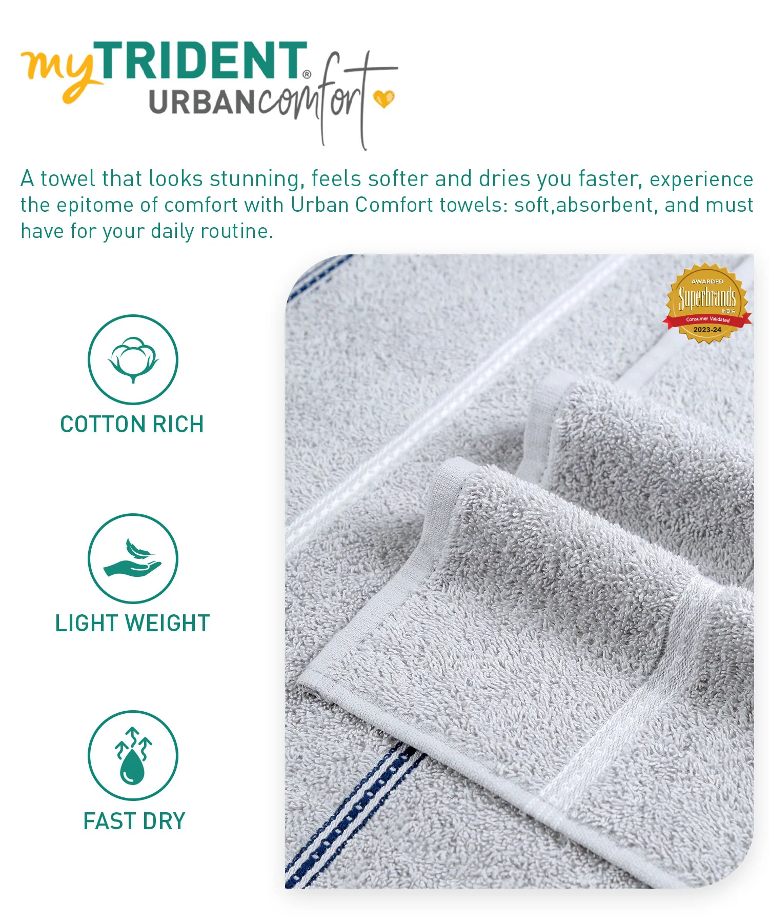 Urban Comfort 2 Pc Hand Towel Set, Disty Grey| 450 GSM Cotton|Dry Fast - Image 8