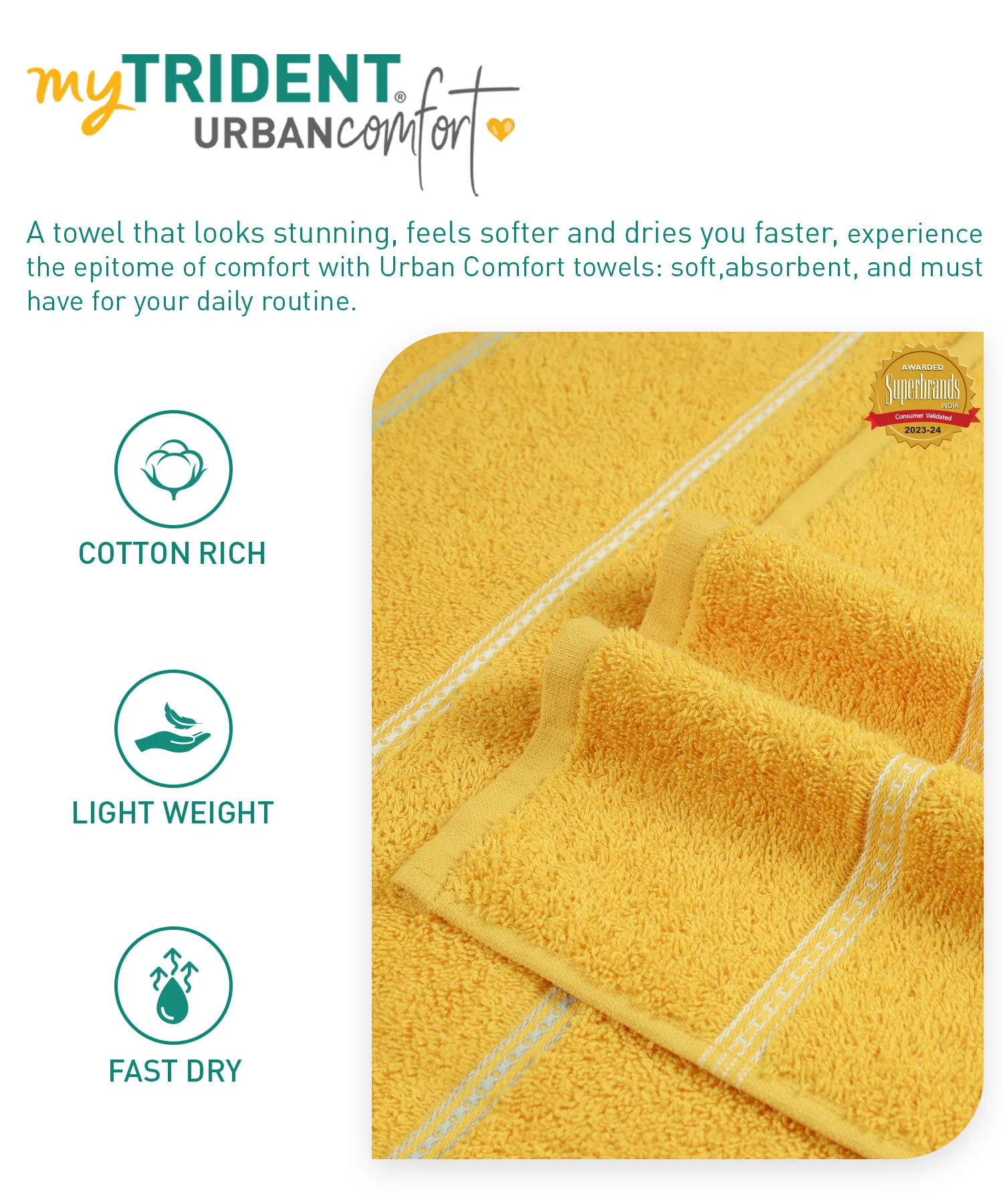 Urban Comfort 2 Pc Hand Towel Set, Drama Yellow| 450 GSM Cotton|Dry Fast - Image 8