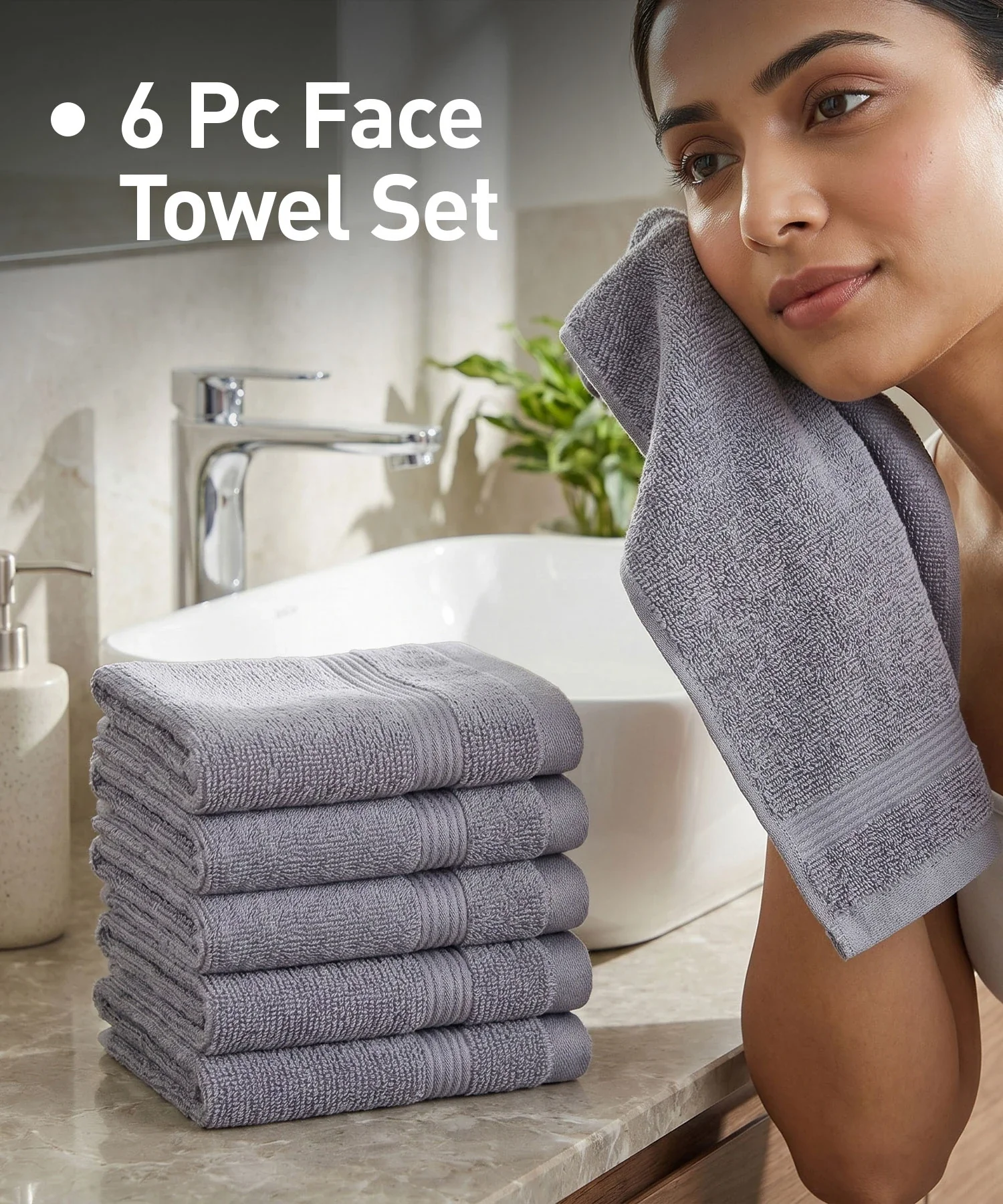 Urban Comfort 6Pc Face Towel Set, Charcoal| 450 GSM | 100% Cotton - Image 2
