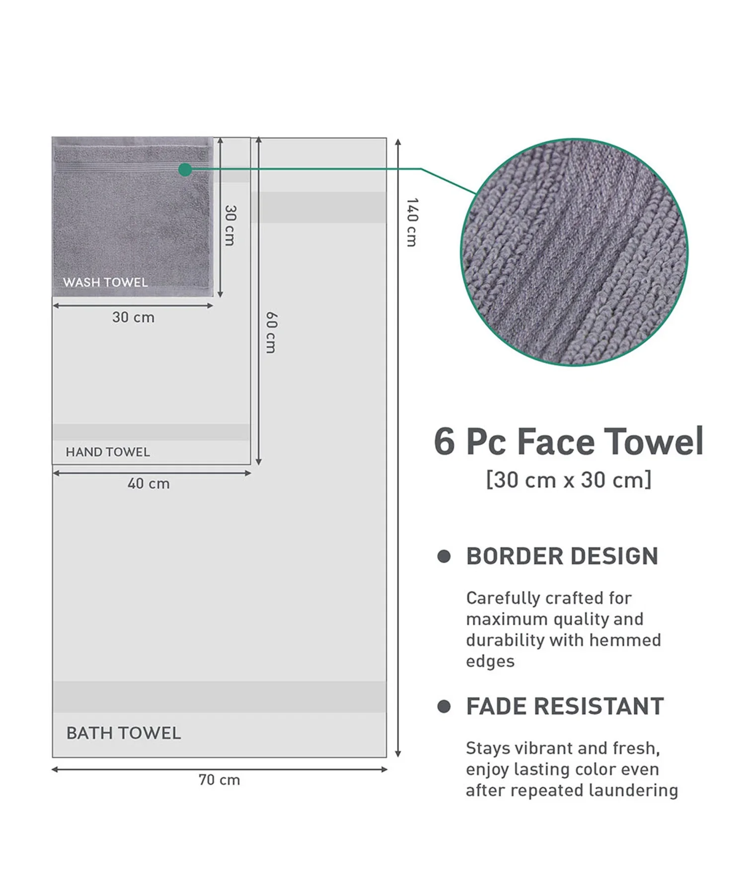Urban Comfort 6Pc Face Towel Set, Charcoal| 450 GSM | 100% Cotton - Image 7
