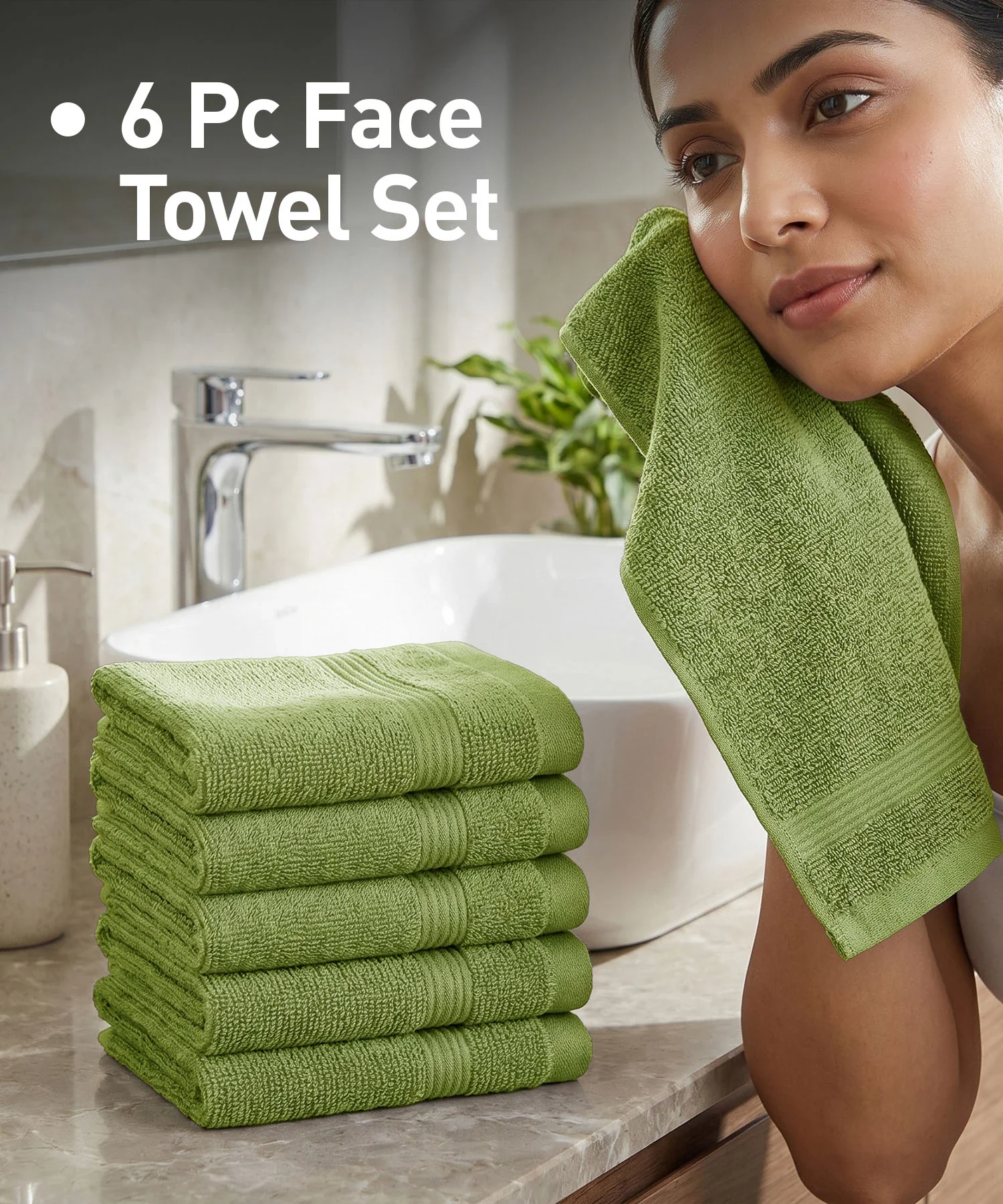 Urban Comfort  6Pc Face Towel Set, Olive| 450 GSM | 100% Cotton - Image 2