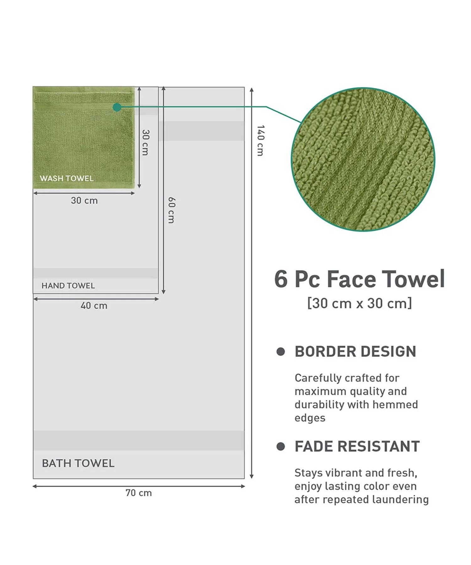 Urban Comfort  6Pc Face Towel Set, Olive| 450 GSM | 100% Cotton - Image 7