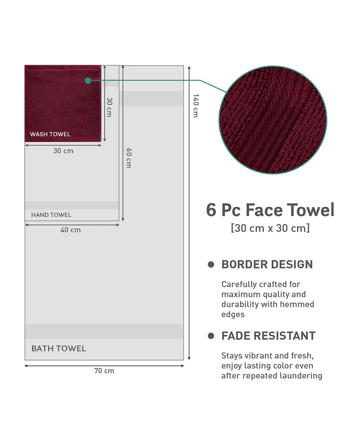Urban Comfort 6Pc Face Towel Set, Wine Red| 450 GSM | 100% Cotton - Image 7