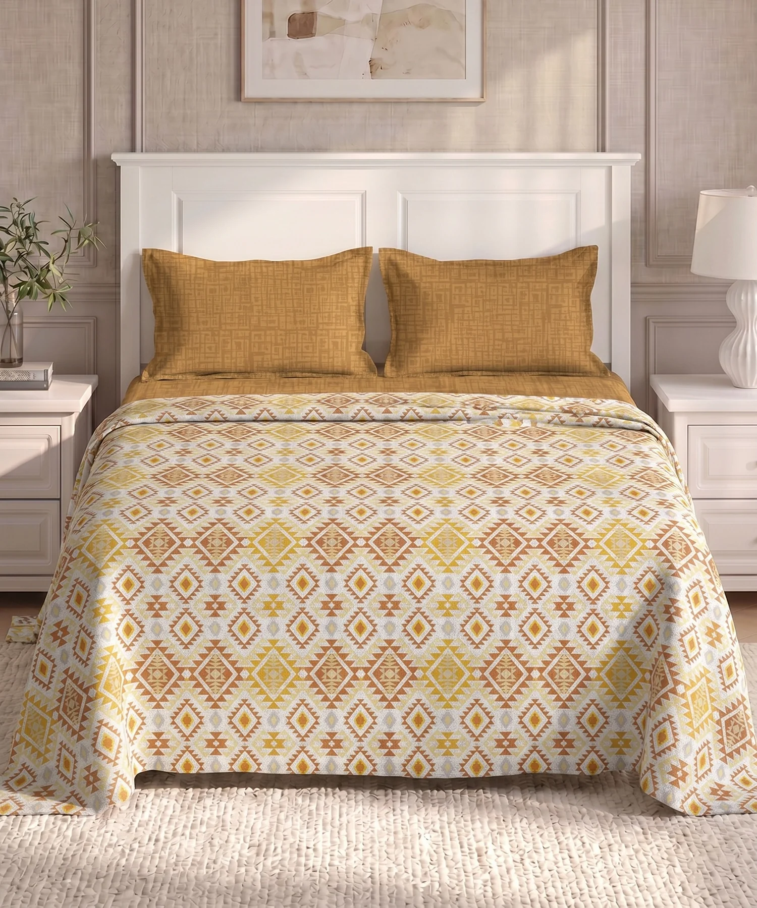 Urban Comfort Queen Bedsheet Set, Aria Yellow |144 TC Cotton| 2 Pillow Covers - Image 2