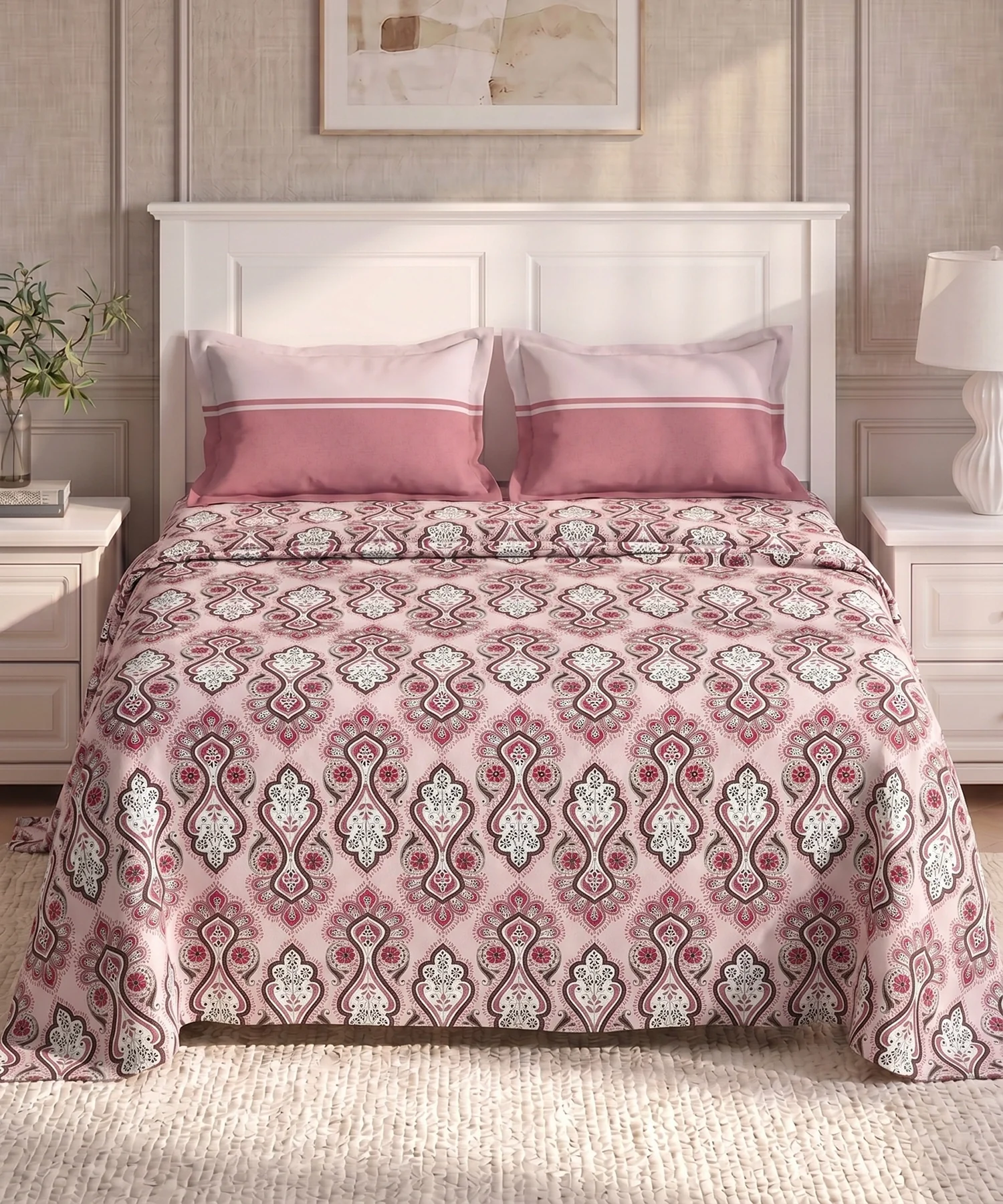 Urban Comfort Queen Bedsheet Set, Delicate Blush |144 TC Cotton| 2 Pillow Covers - Image 2