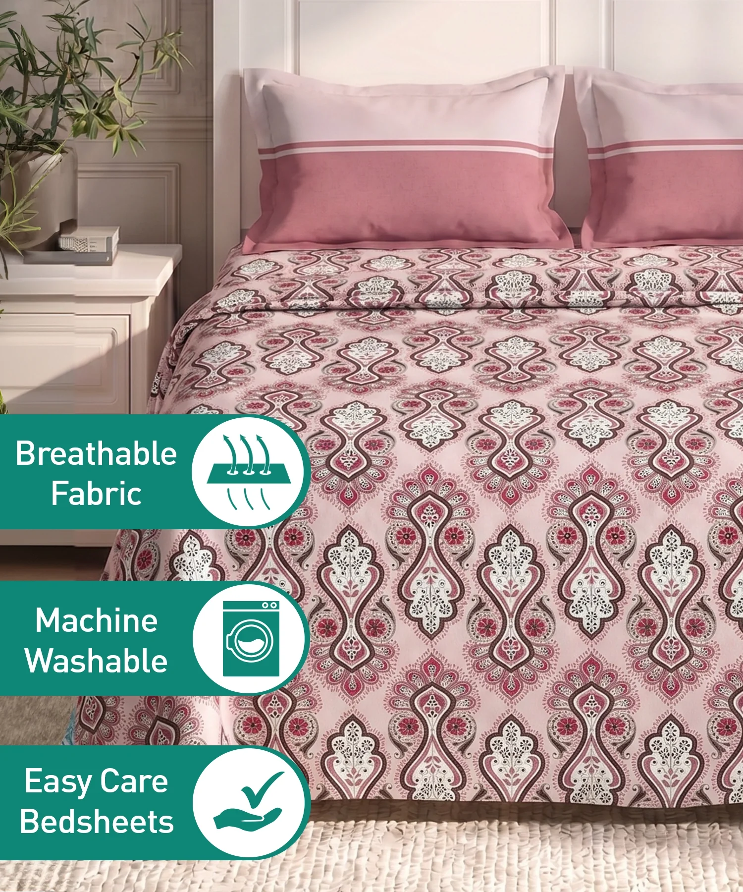 Urban Comfort Queen Bedsheet Set, Delicate Blush |144 TC Cotton| 2 Pillow Covers - Image 6