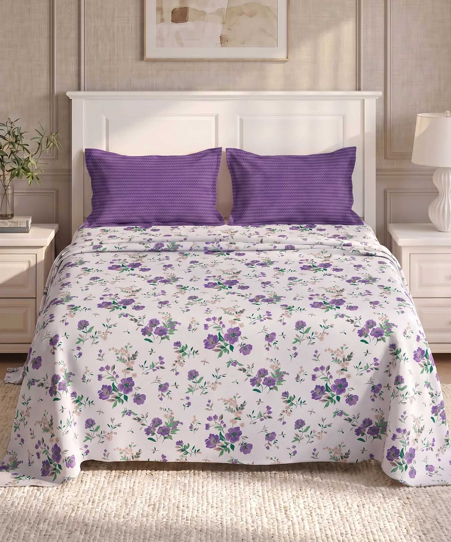 Urban Comfort Queen Bedsheet Set, Sunset Purple |144 TC Cotton| 2 Pillow Covers - Image 2