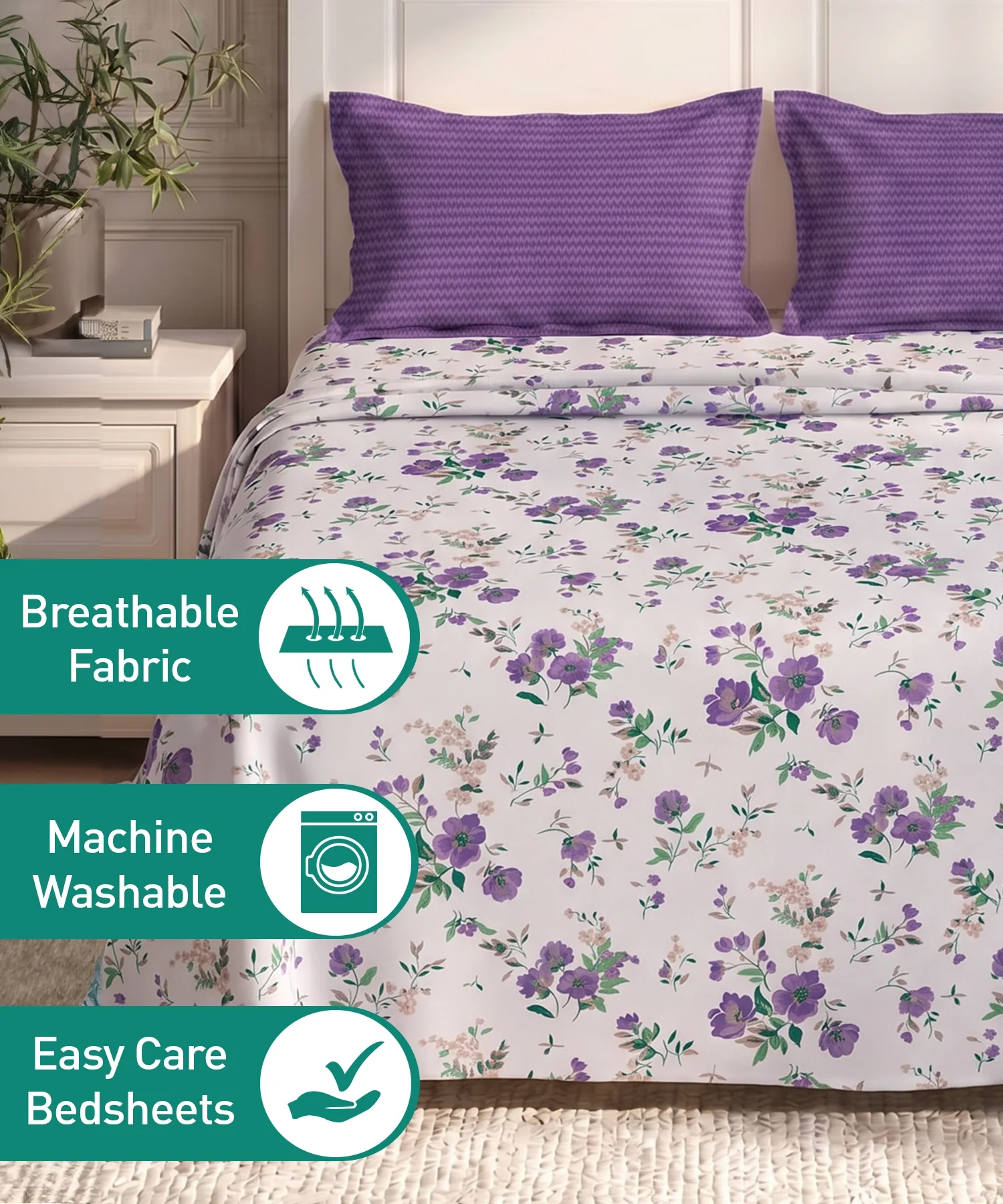 Urban Comfort Queen Bedsheet Set, Sunset Purple |144 TC Cotton| 2 Pillow Covers - Image 6