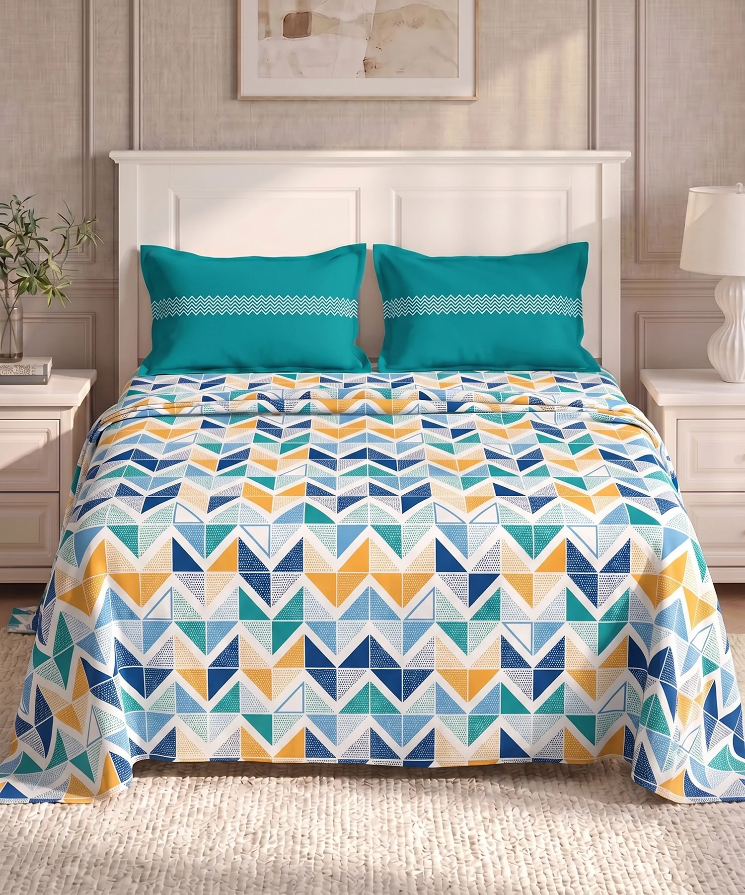 Urban Comfort Queen Bedsheet Set, Trippy Triangles Blue |144 TC Cotton| 2 Pillow Covers - Image 2