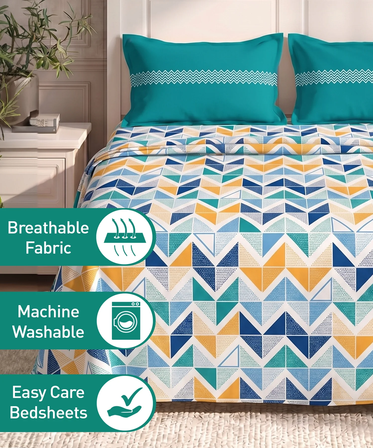 Urban Comfort Queen Bedsheet Set, Trippy Triangles Blue |144 TC Cotton| 2 Pillow Covers - Image 6