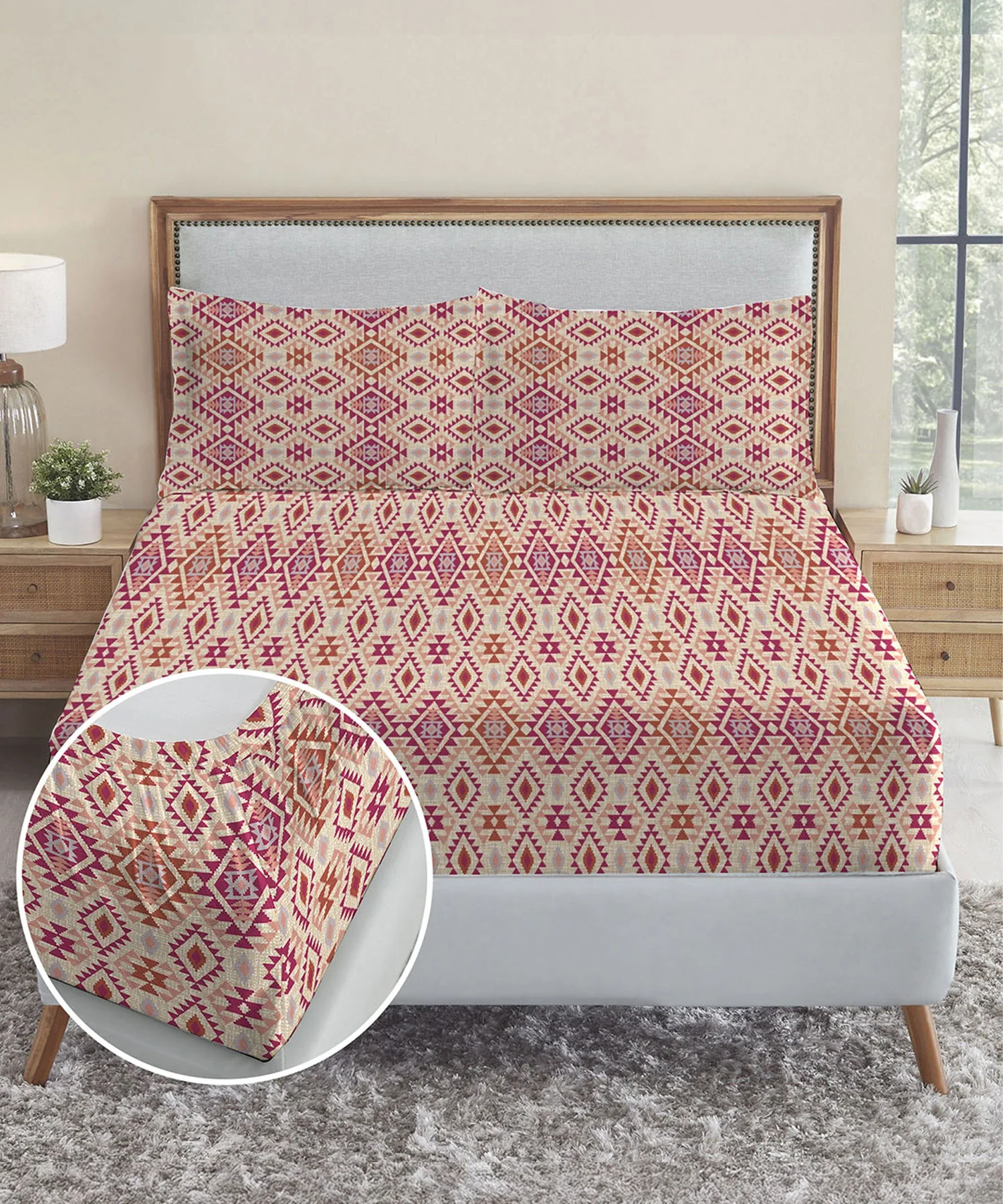Urban Comfort King Fitted Bedsheet Set, Aria Red |144 TC Cotton| 2 Pillow Covers