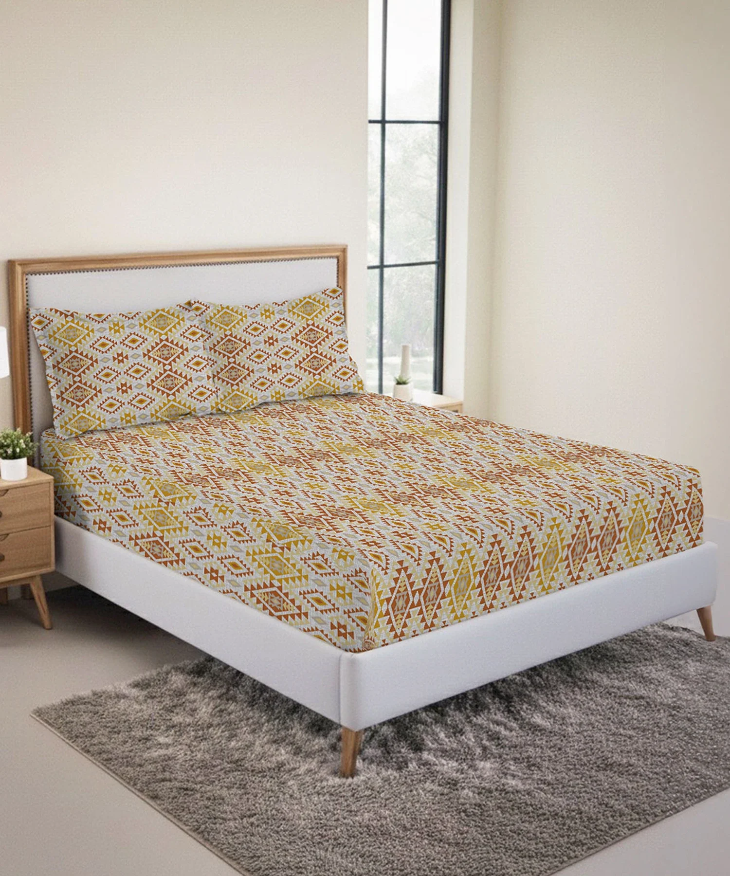Urban Comfort King Fitted Bedsheet Set, Aria Yellow |144 TC Cotton| 2 Pillow Covers - Image 2