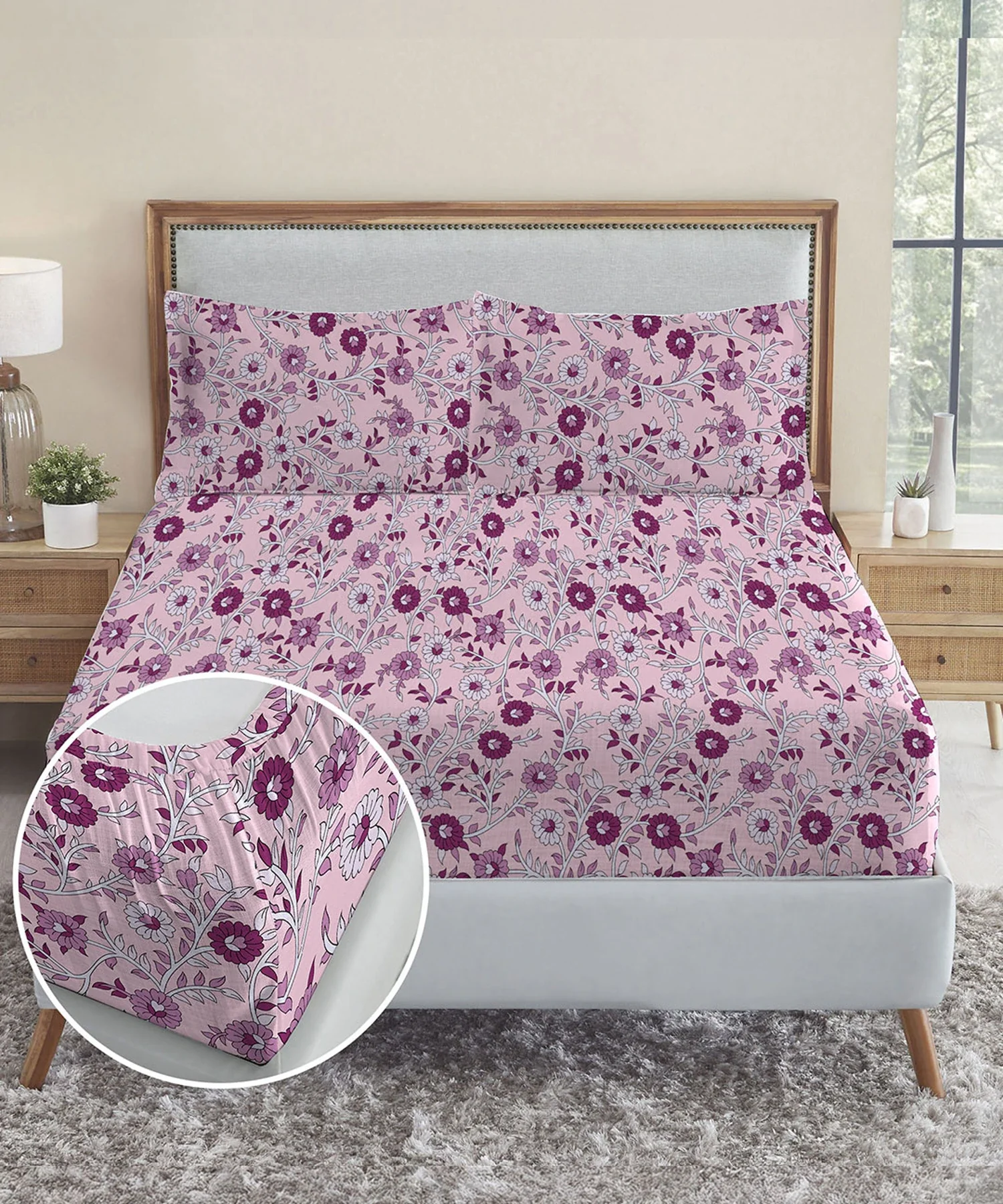 Urban Comfort King Fitted Bedsheet Set, Desert Gardern Pink|144 TC Cotton| 2 Pillow Covers