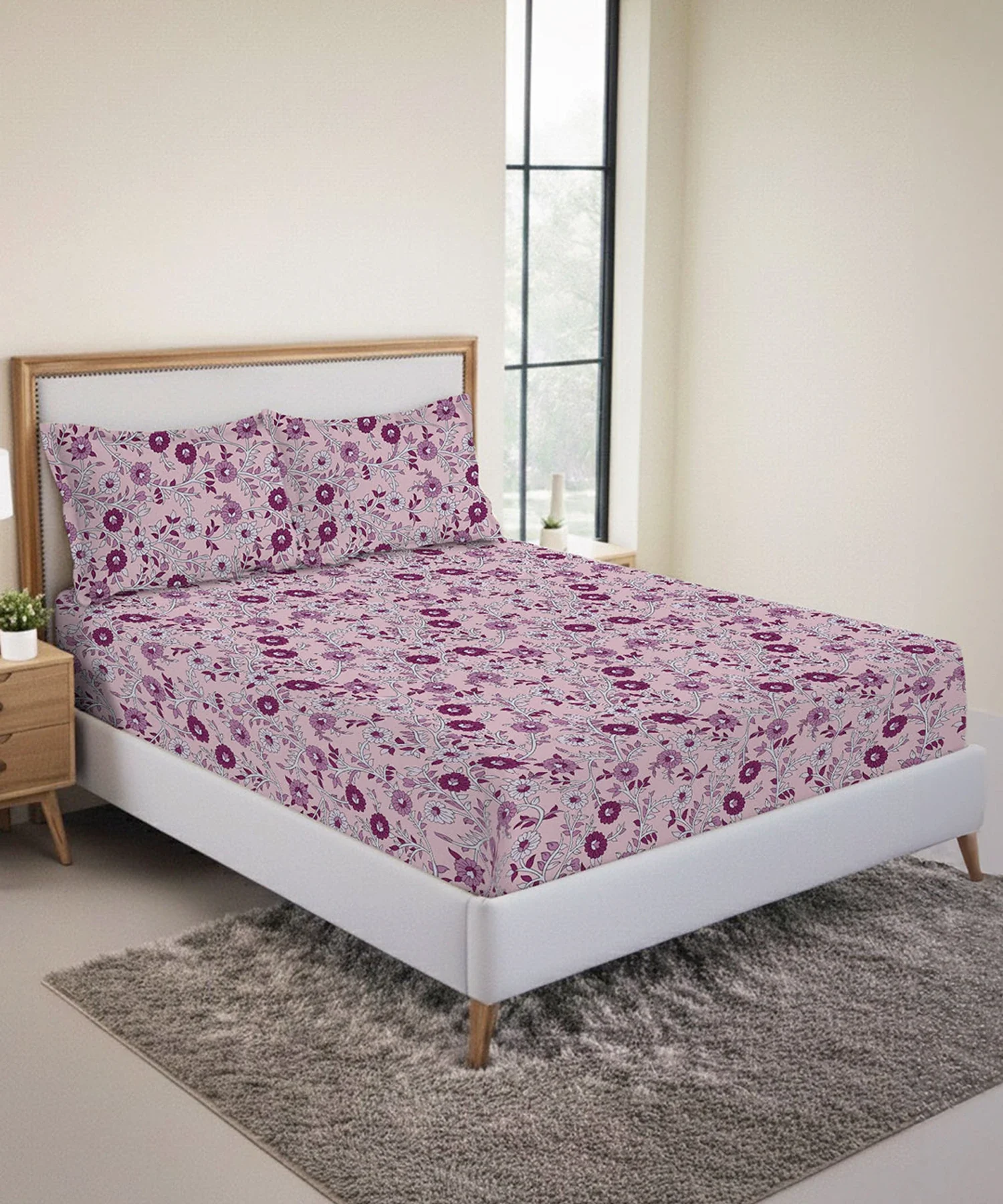 Urban Comfort King Fitted Bedsheet Set, Desert Gardern Pink|144 TC Cotton| 2 Pillow Covers - Image 2