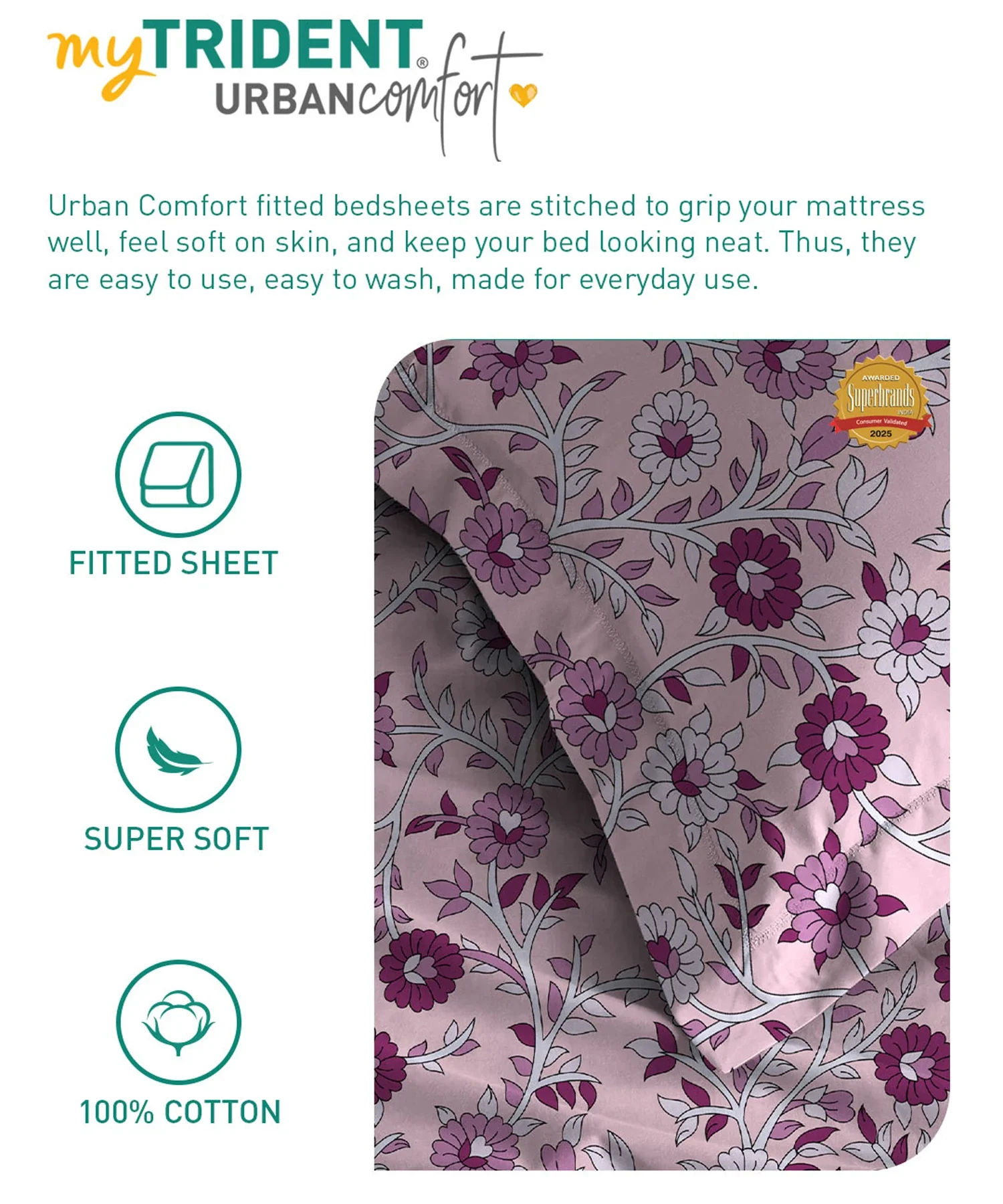 Urban Comfort King Fitted Bedsheet Set, Desert Gardern Pink|144 TC Cotton| 2 Pillow Covers - Image 7
