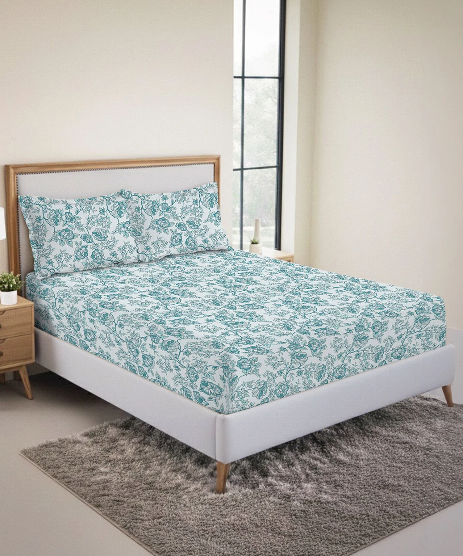 Urban Comfort King Fitted Bedsheet Set, Juliet Blue |144 TC Cotton| 2 Pillow Covers - Image 2