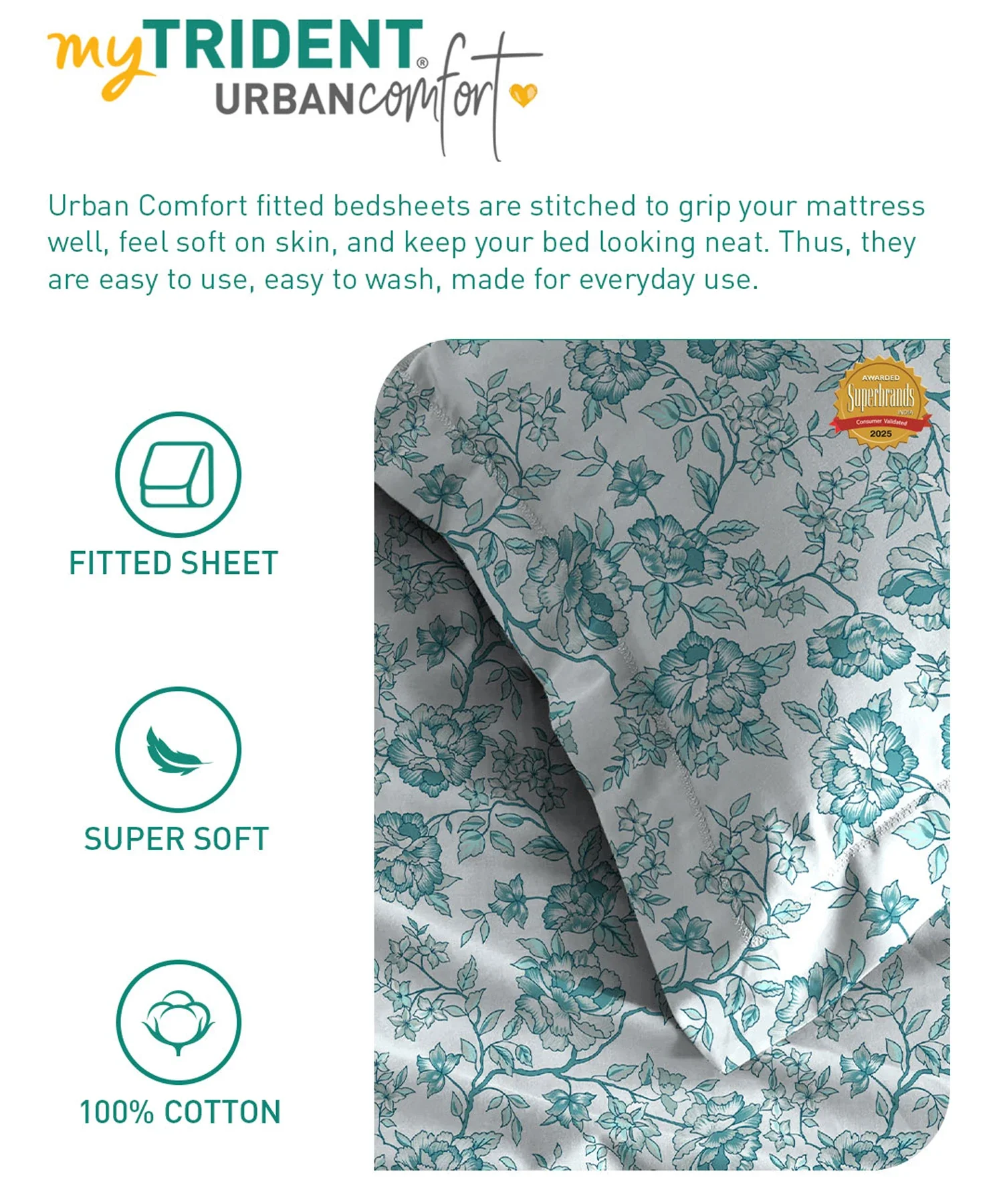 Urban Comfort King Fitted Bedsheet Set, Juliet Blue |144 TC Cotton| 2 Pillow Covers - Image 7