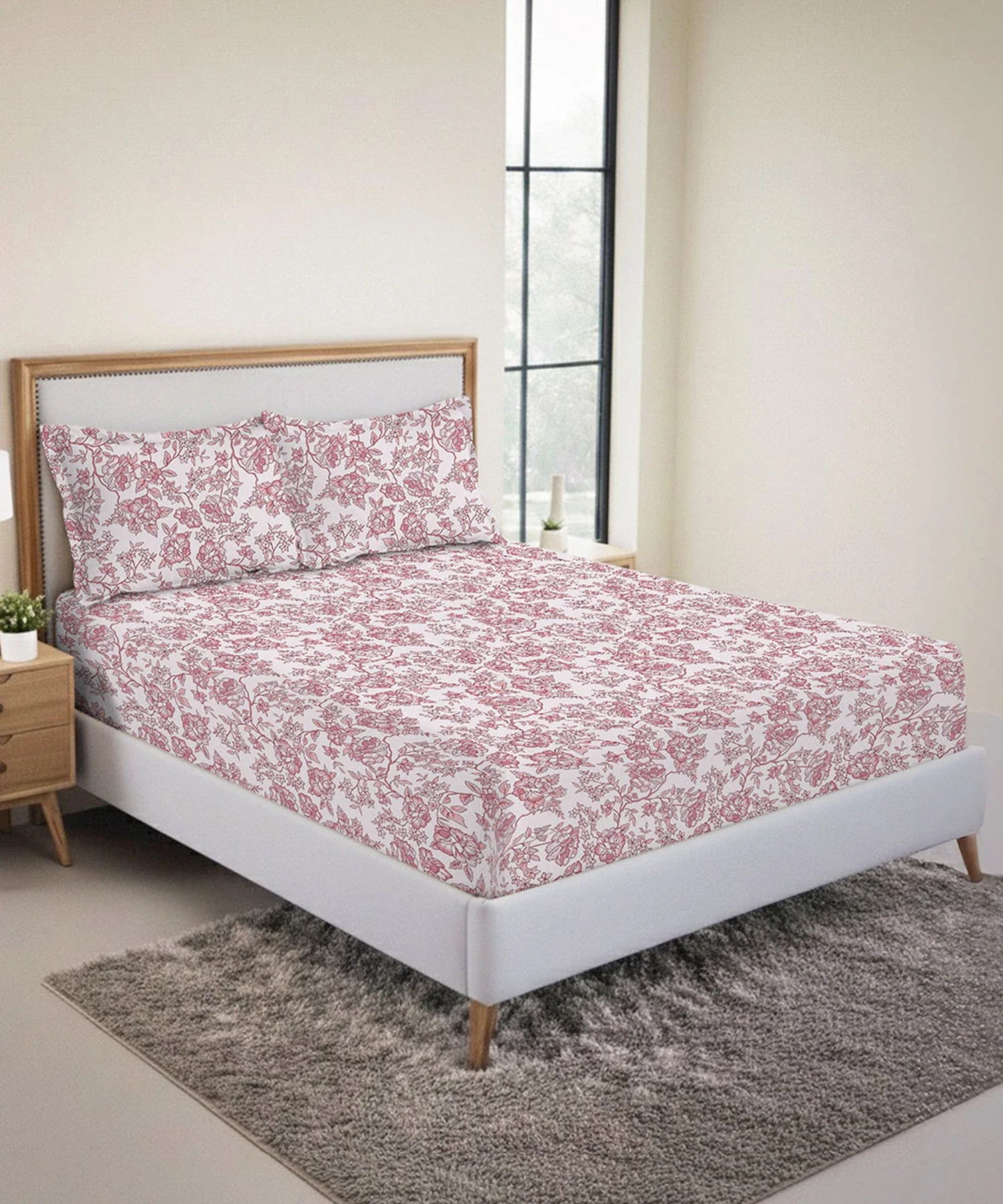 Urban Comfort King Fitted Bedsheet Set, Juliet Pink |144 TC Cotton| 2 Pillow Covers - Image 2
