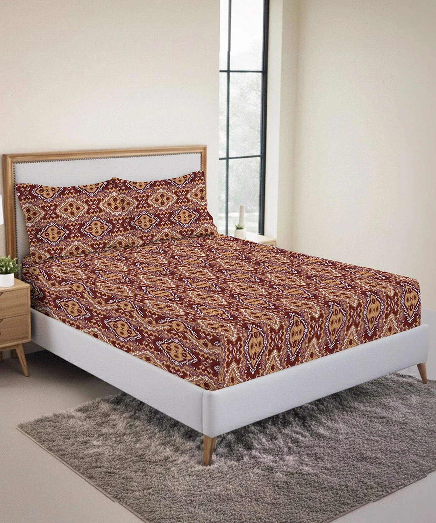 Urban Comfort King Fitted Bedsheet Set, Modern Brown |144 TC Cotton| 2 Pillow Covers - Image 2