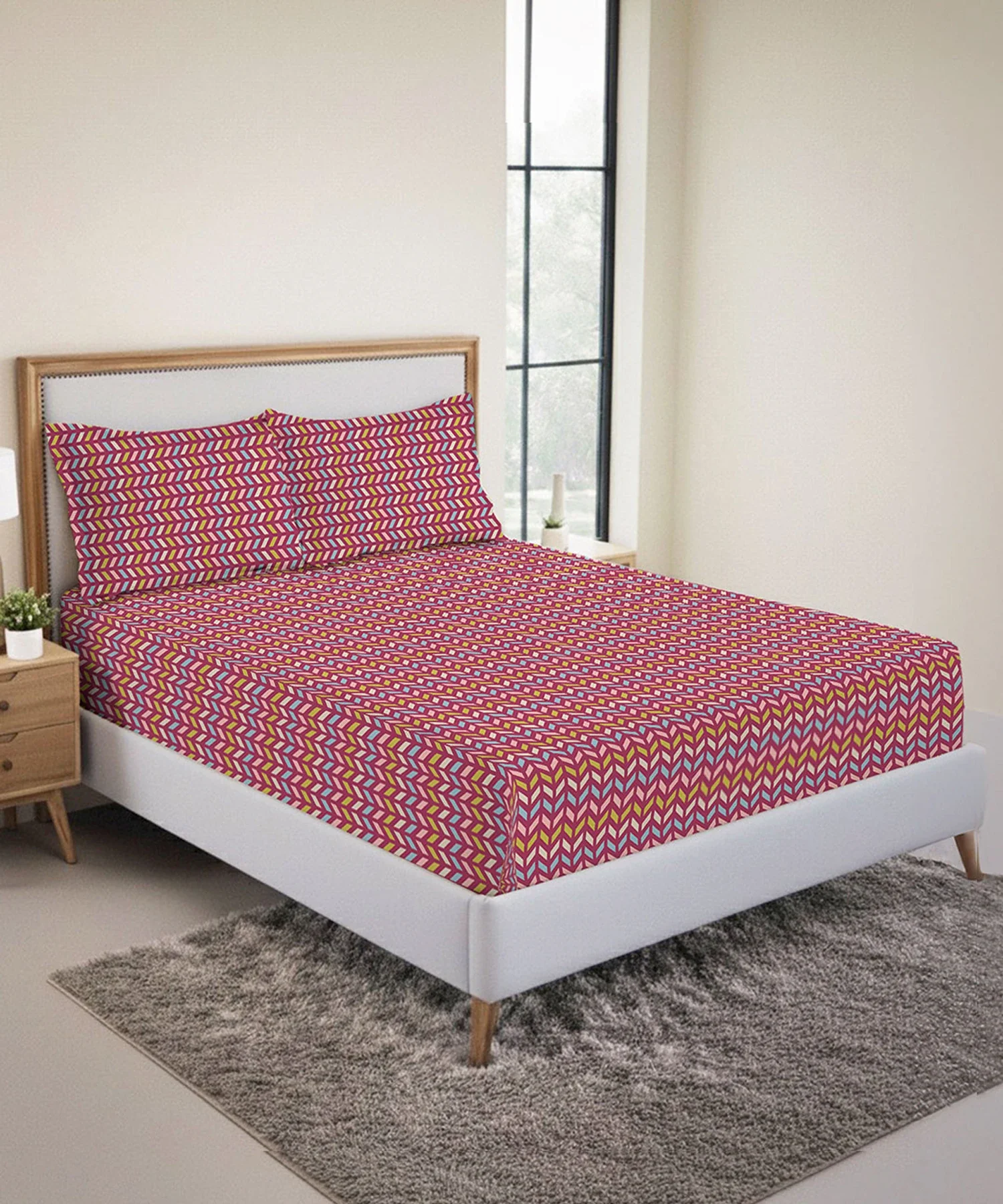 Urban Comfort King Fitted Bedsheet Set, Party Mood Pink|144 TC Cotton| 2 Pillow Covers - Image 2