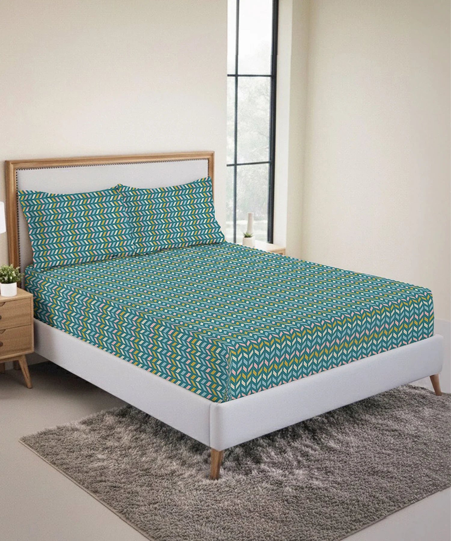 Urban Comfort King Fitted Bedsheet Set, Party Mood Teal|144 TC Cotton| 2 Pillow Covers - Image 2