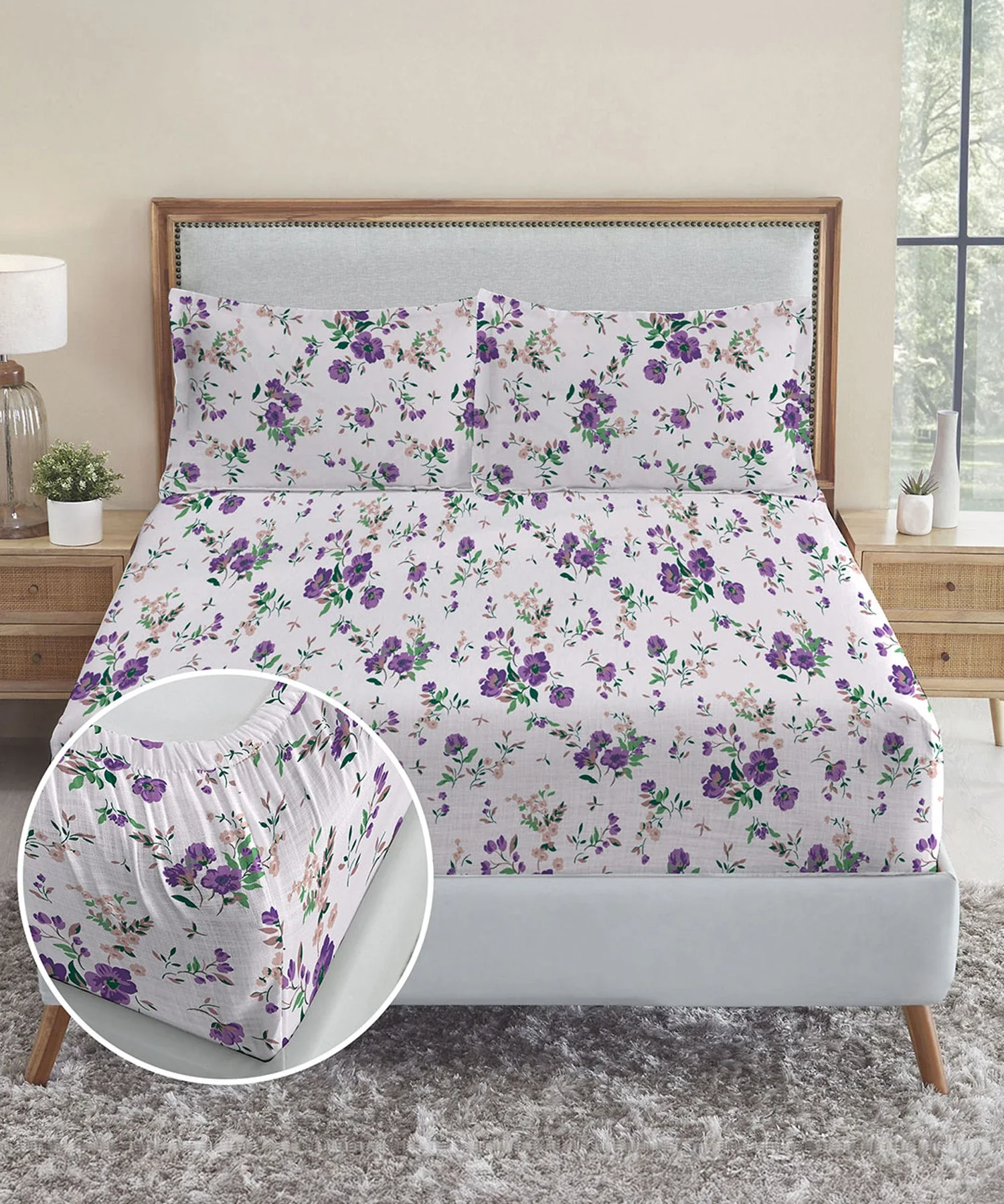 Urban Comfort King Fitted Bedsheet Set, Sunset Purple |144 TC Cotton| 2 Pillow Covers