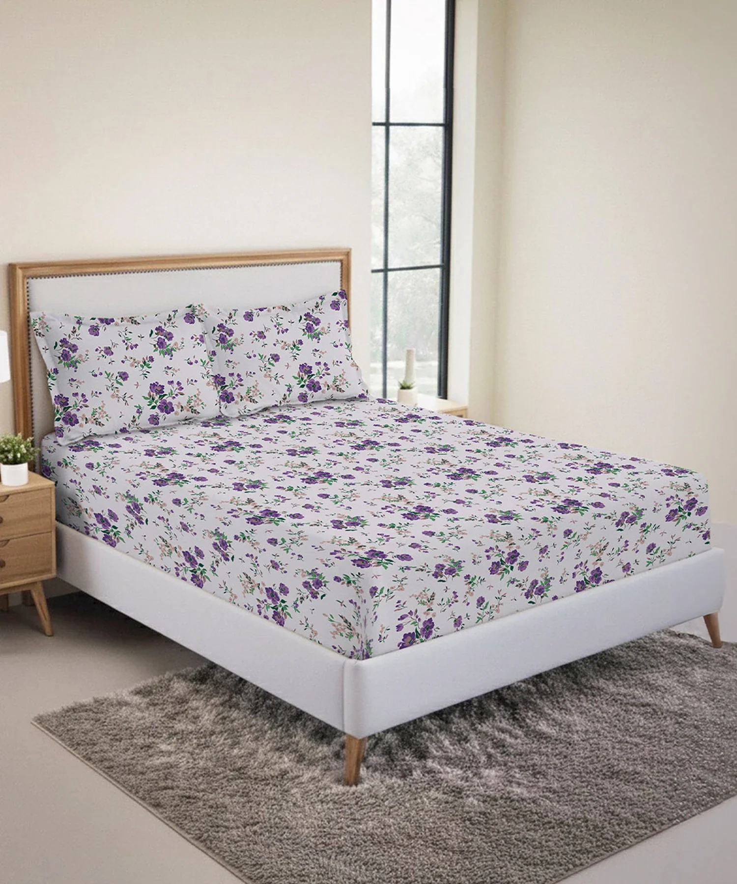 Urban Comfort King Fitted Bedsheet Set, Sunset Purple |144 TC Cotton| 2 Pillow Covers - Image 2