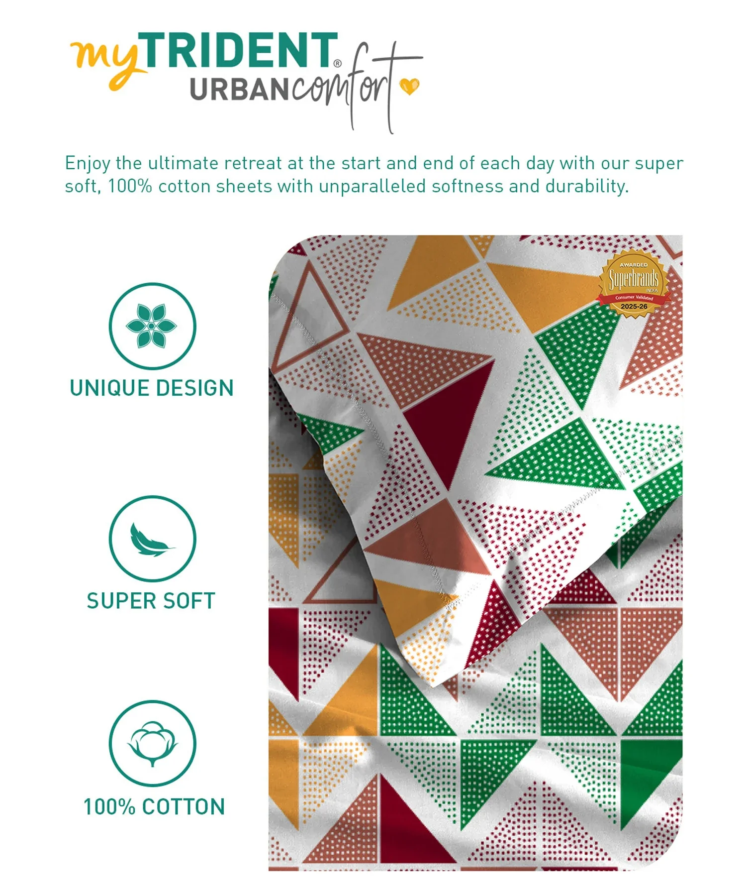 Urban Comfort King Fitted Bedsheet Set, Trippy Triangles Red|144 TC Cotton| 2 Pillow Covers - Image 7