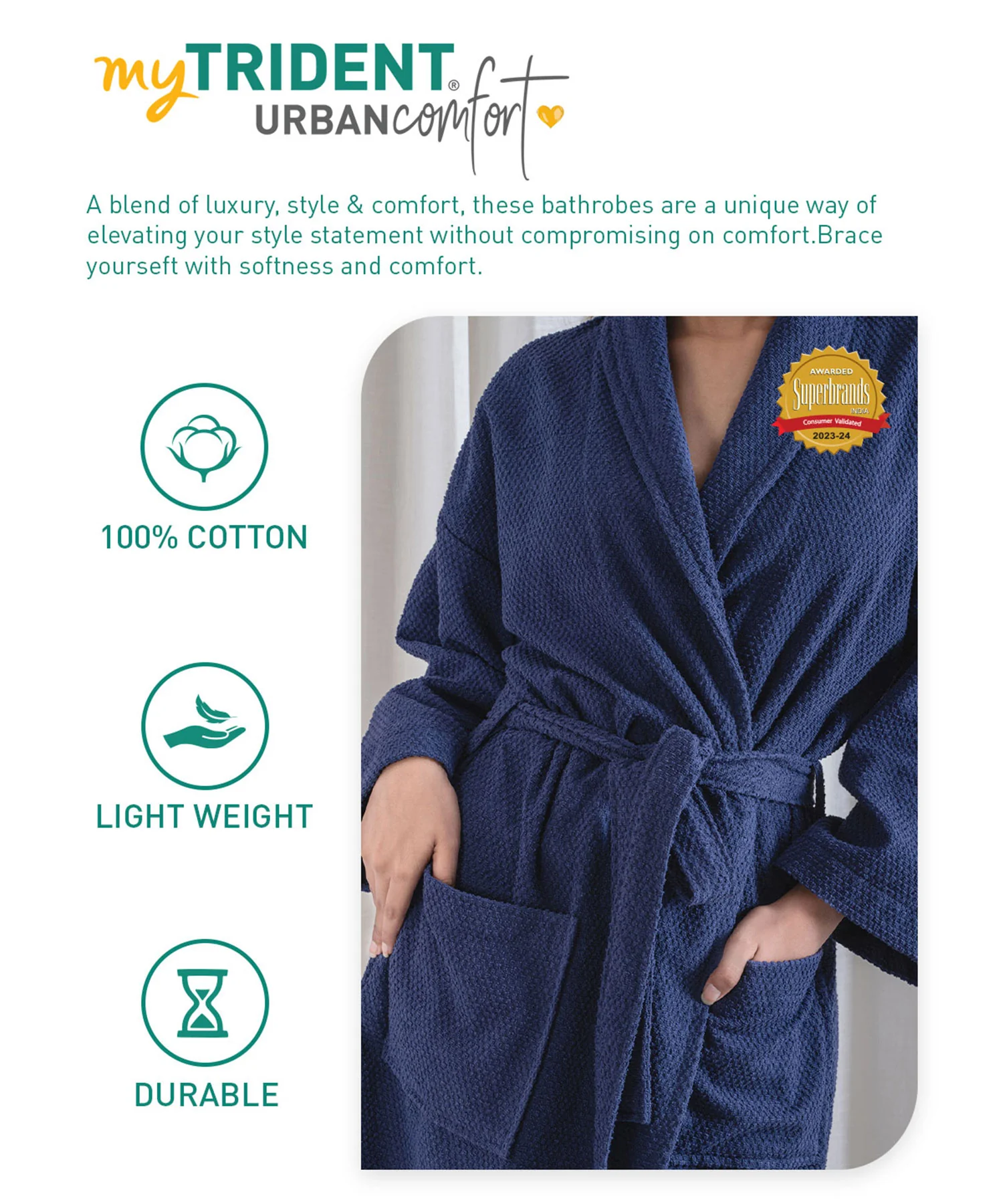 Urban Comfort Unisex Large Bathrobe, Deep Cobalt | 240 GSM Cotton - Image 7
