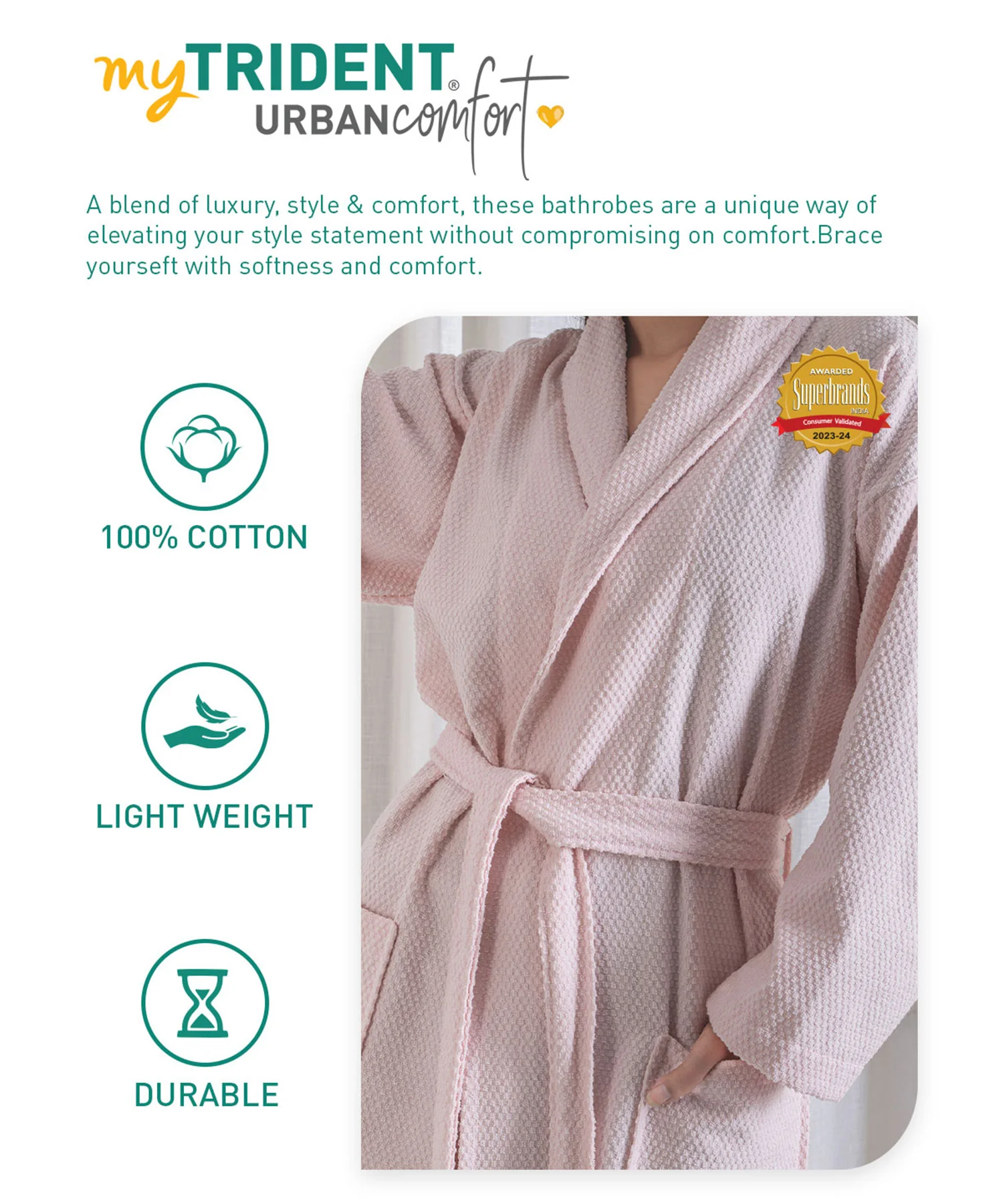 Urban Comfort Unisex Large Bathrobe, Pink| 240 GSM Cotton - Image 7