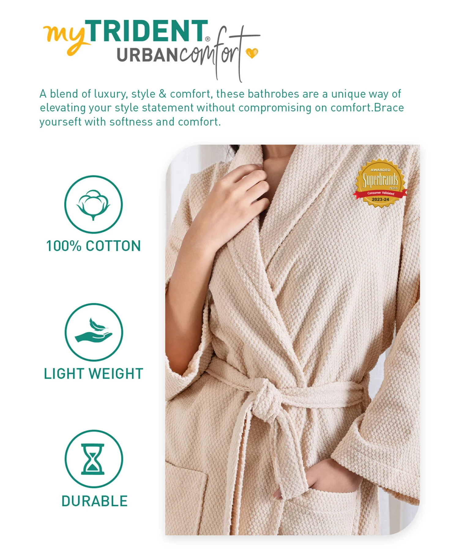 Urban Comfort Unisex Large Bathrobe, Sand| 240 GSM Cotton - Image 7