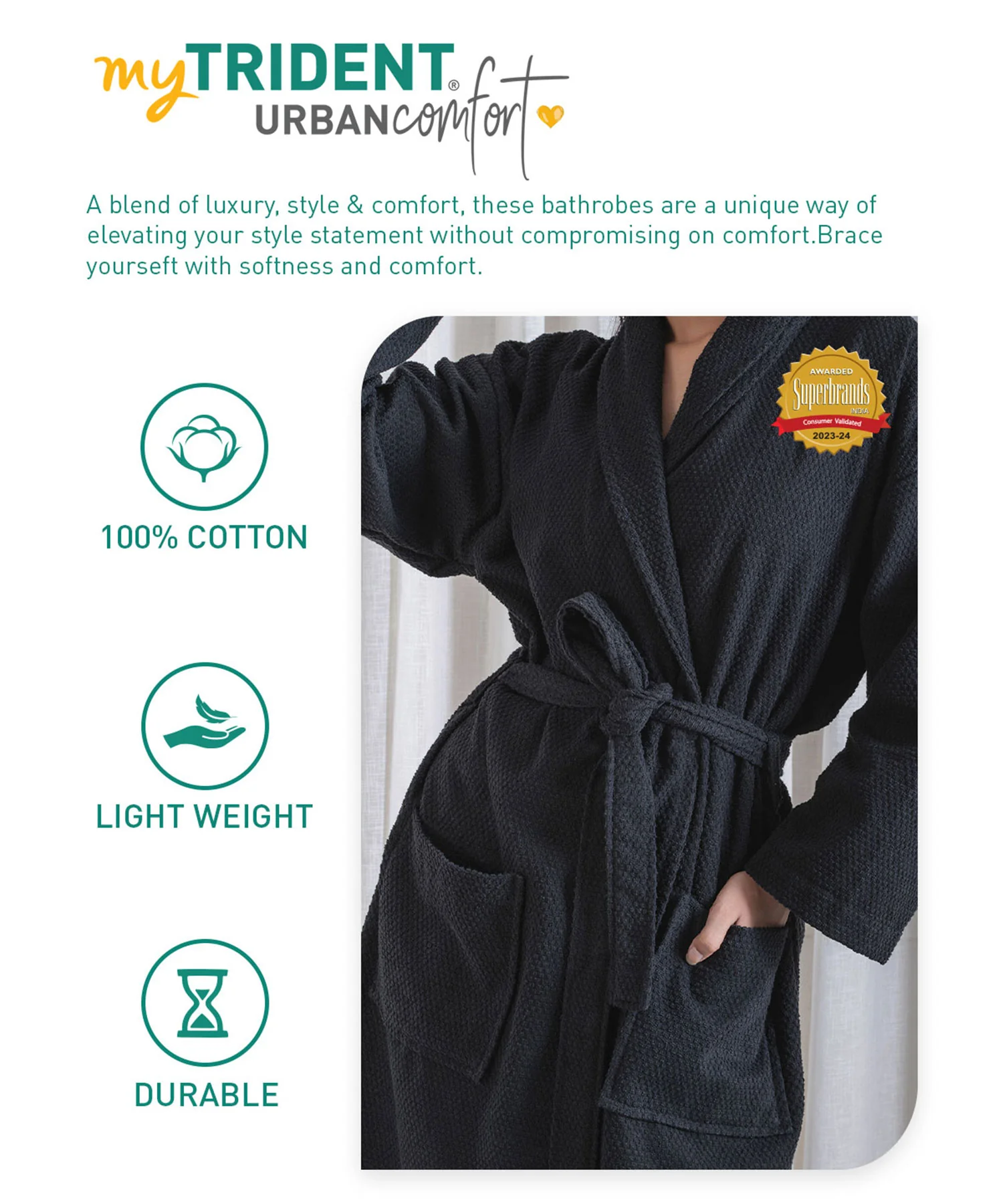 Urban Comfort Unisex Large Bathrobe, Shoe Black | 240 GSM Cotton - Image 7