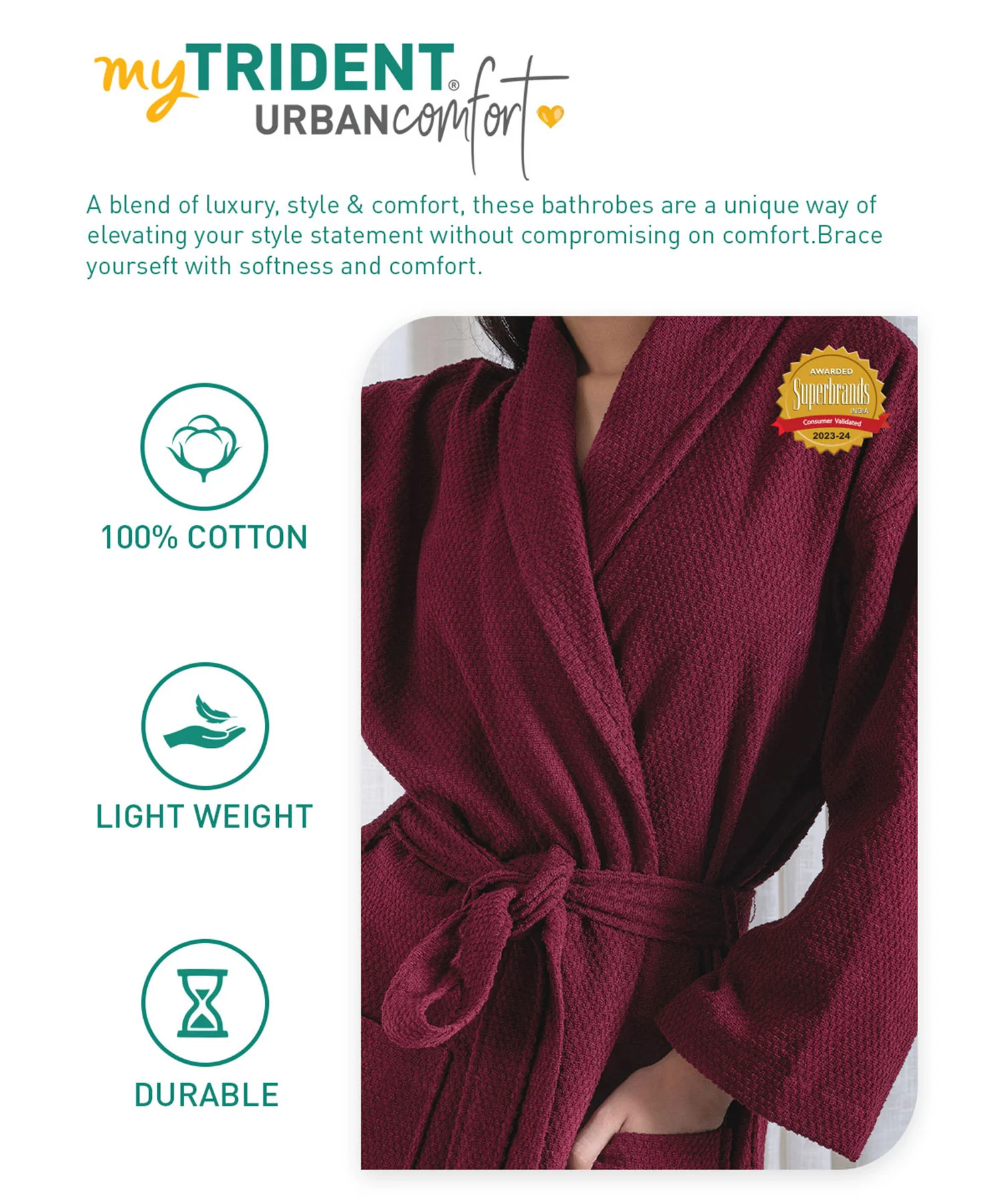 Urban Comfort Unisex Large Bathrobe, Wine| 240 GSM Cotton - Image 7