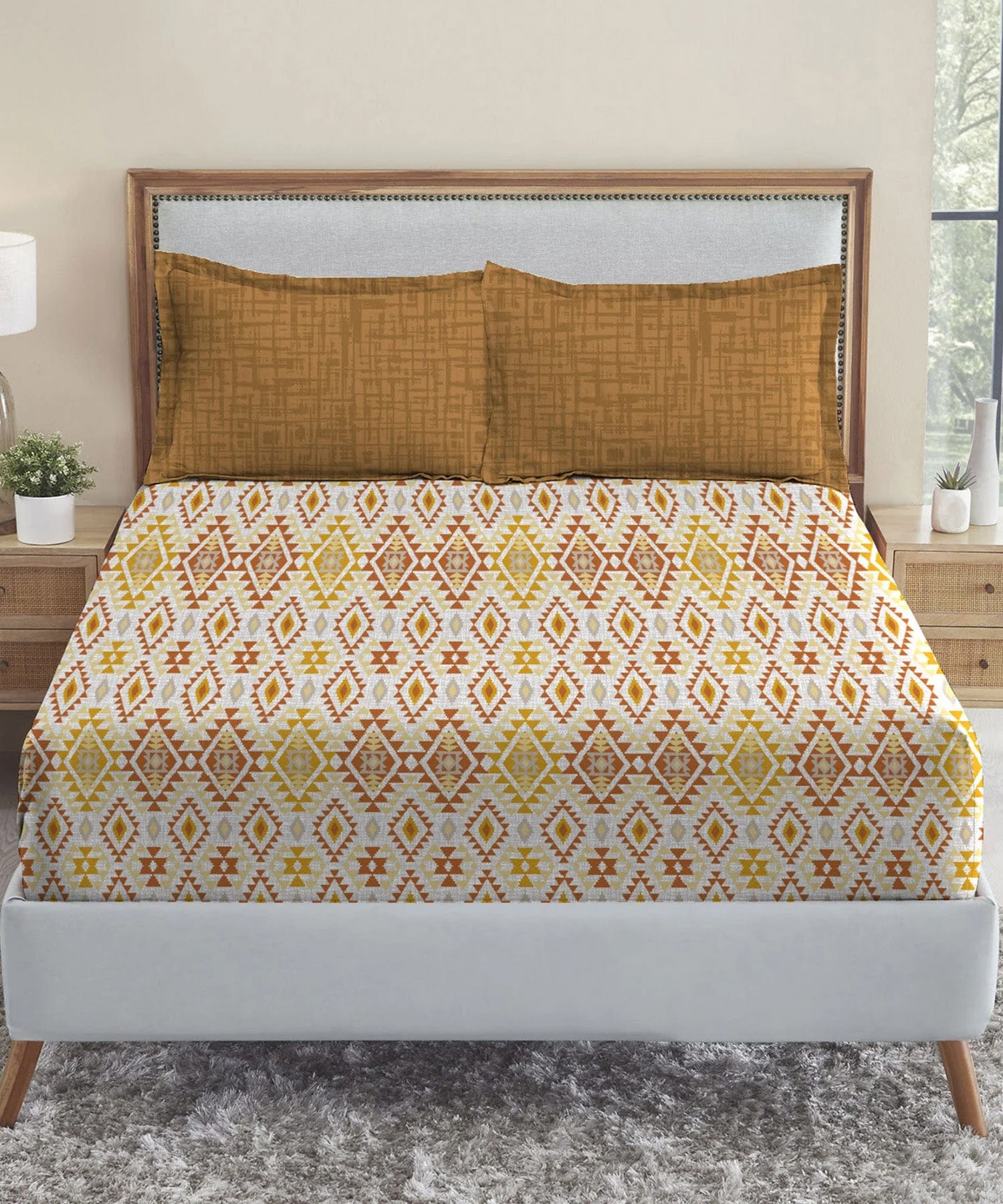 Urban Comfort Queen Bedsheet Set, Aria Yellow|144 TC Cotton|2 Pillow Covers