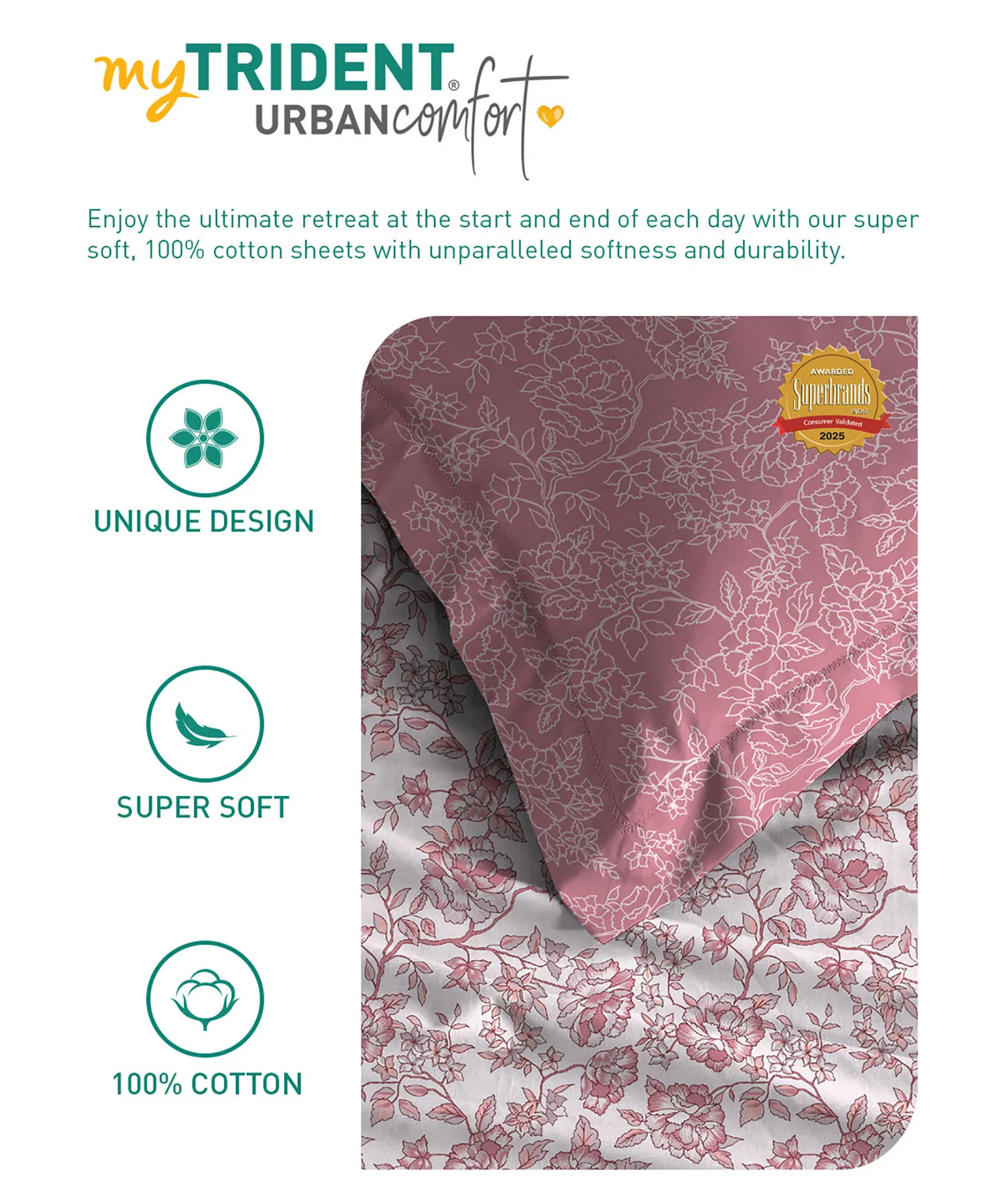 Urban Comfort Single Bedsheet Set, Juliet Pink|144 TC Cotton| 1 Pillow Covers - Image 6