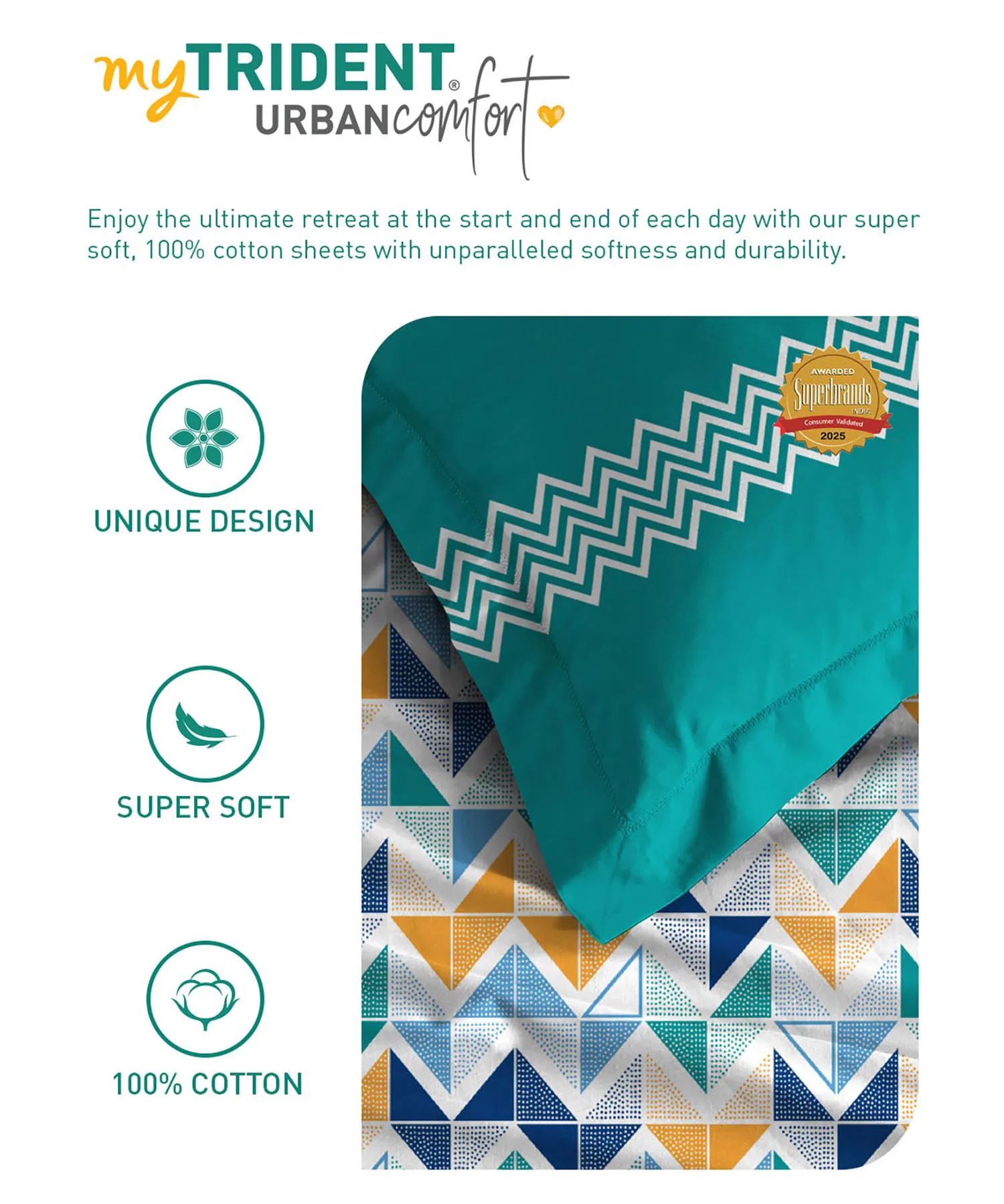 Urban Comfort Single Bedsheet Set, Trippy Triangles Blue |144 TC Cotton| 1 Pillow Covers - Image 6