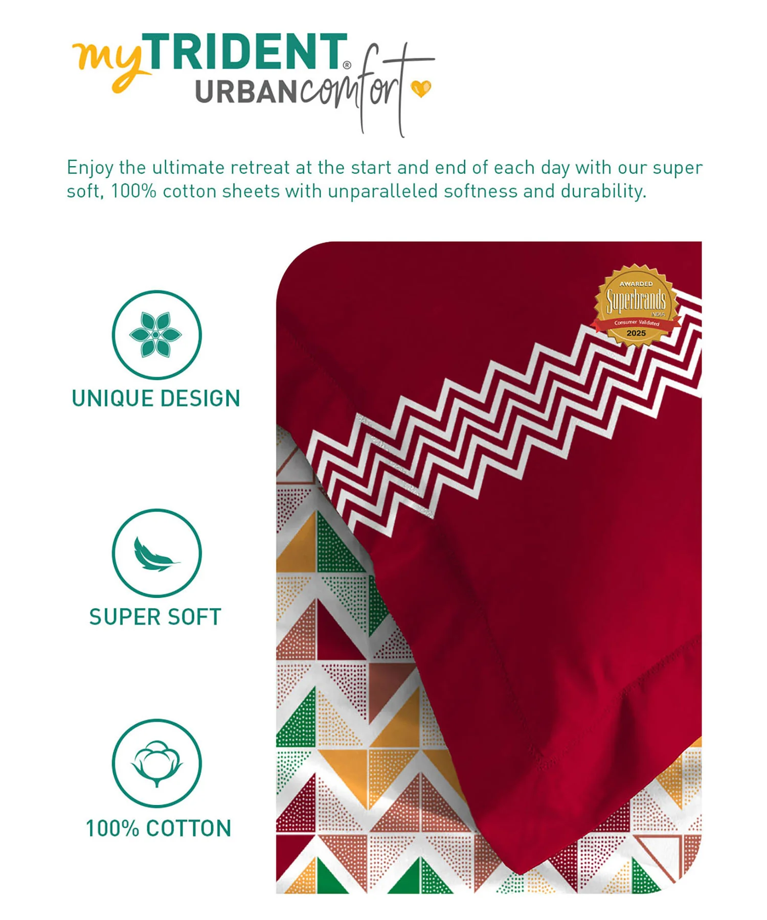 Urban Comfort Single Bedsheet Set, Trippy Triangles Red |144 TC Cotton| 2 Pillow Covers - Image 6